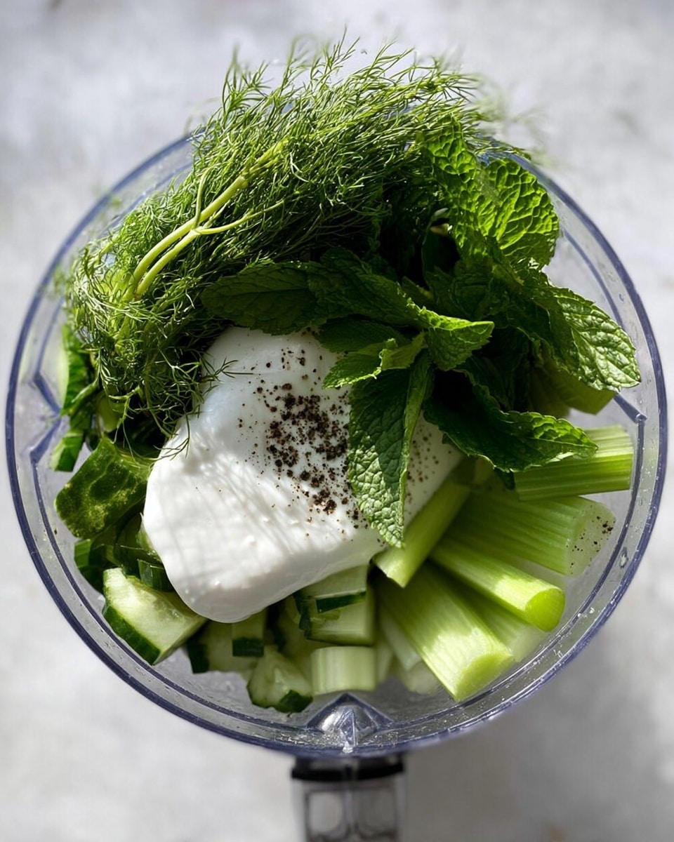 Inside a clear blender container, there are fresh green vegetables and herbs arranged in layers. At the bottom, light green cucumber pieces and celery sticks create a chunky base. On top of this, a large sprig of bright green dill and a fresh mint leaf add texture and darker green shades. A thick, white creamy layer covers part of the vegetables, contrasting with the greens. Some black pepper is scattered over the herbs for detail. The whole scene is bright with natural light, set on a white marbled surface. photo taken with an iphone --ar 4:5 --v 7