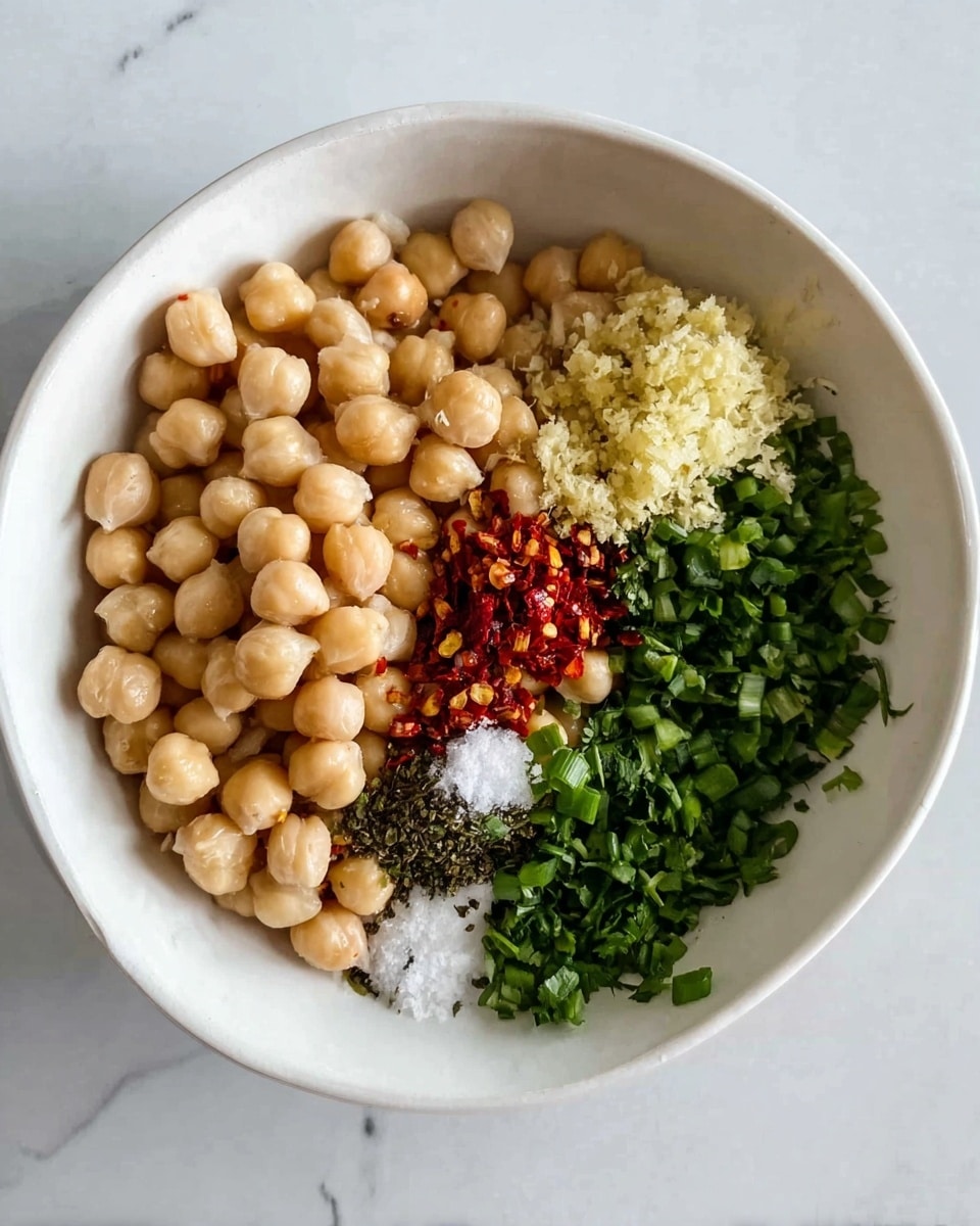 A white bowl on a white marbled surface holds separate layers of ingredients: light beige chickpeas fill more than half the bowl on the left; in a small cluster on the top right is finely grated pale yellow ginger; next to it, a small mound of bright red chili flakes; below this, a sprinkling of white salt; beside the salt, dark dried herbs form a small patch; fresh green chopped scallions cover a section on the middle right; and fresh green chopped parsley lies along the bottom right edge in a small bunch. Photo taken with an iphone --ar 4:5 --v 7