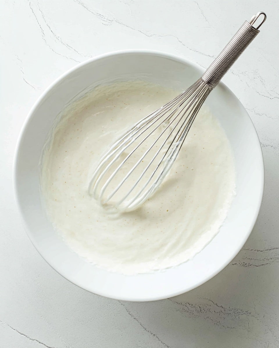 A white bowl filled with a smooth, creamy white mixture with a few light specks, positioned on a white marbled surface. Inside the bowl, a metal whisk rests, coated lightly with the mixture on its wires, showing a soft texture that looks well blended. The scene is bright and clean, focusing on the simple, fresh appearance of the mixture and the shiny whisk. photo taken with an iphone --ar 4:5 --v 7