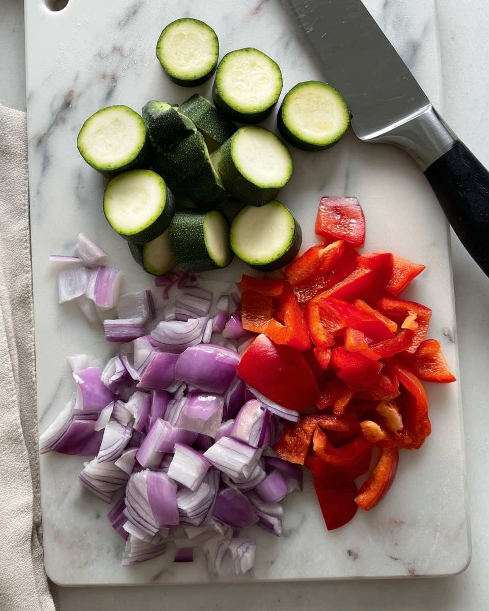 A white marbled cutting board holds three different chopped vegetables displayed in three separate groups: four round slices of green zucchini with a smooth texture are on the top right side, a cluster of red bell pepper pieces showing their shiny skin and uneven shapes is placed below the zucchini, and several pieces of purple onion with smooth, slightly curved layers are arranged at the bottom. A large chef's knife with a black handle rests on the right edge of the board, its shiny blade partially visible. The background shows the same white marbled surface. photo taken with an iphone --ar 4:5 --v 7