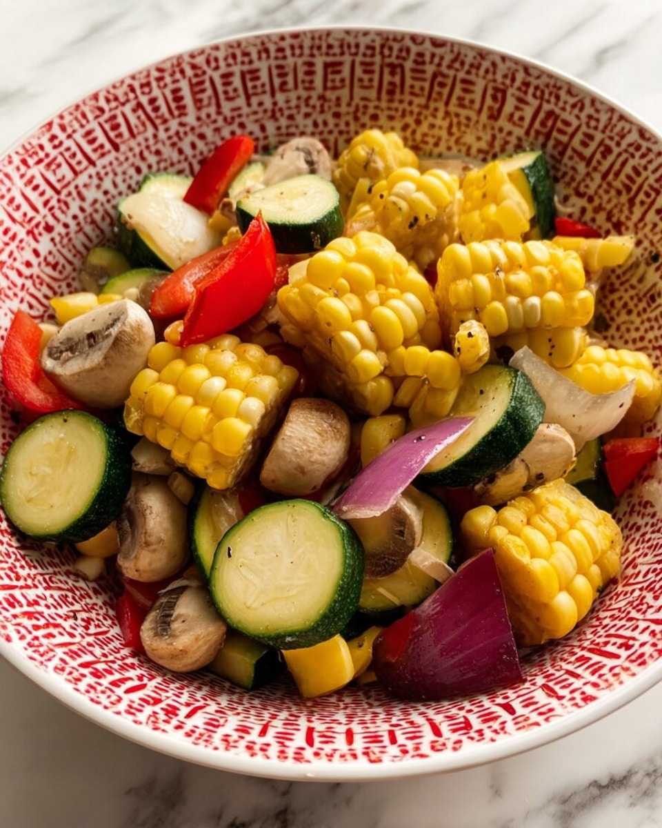 A white bowl with red and black patterns holds a colorful mix of vegetables in several layers: bright yellow corn pieces with a rounded texture sit unevenly on top and throughout; thick slices of green zucchini with smooth edges and pale centers are scattered beneath the corn; chunks of red bell pepper add bright color contrast; small pieces of light brown mushroom with a slightly rough texture lay among the mix; a few pieces of purple onion with smooth, layered surfaces rest near the center; the entire bowl rests on a white marbled surface. photo taken with an iphone --ar 4:5 --v 7