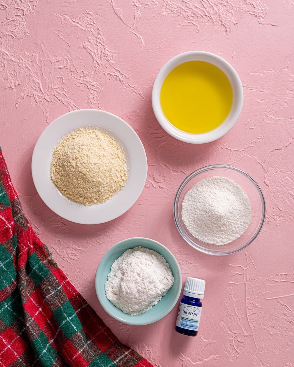 The image shows four small dishes and a bottle set on a pink textured surface. From left to right, a white plate holds a light tan powdery ingredient with a grainy texture. Above it, a small white bowl contains a smooth, bright yellow liquid. To the right, a clear glass bowl is filled with fine white granules. Below, a white bowl with a hint of turquoise exterior holds a white powdered ingredient piled high with a fluffy texture. Near the bottom center sits a small bottle with a white cap and blue label. A cloth with red and green checkered patterns is partly visible at the lower left corner. Photo taken with an iphone --ar 4:5 --v 7