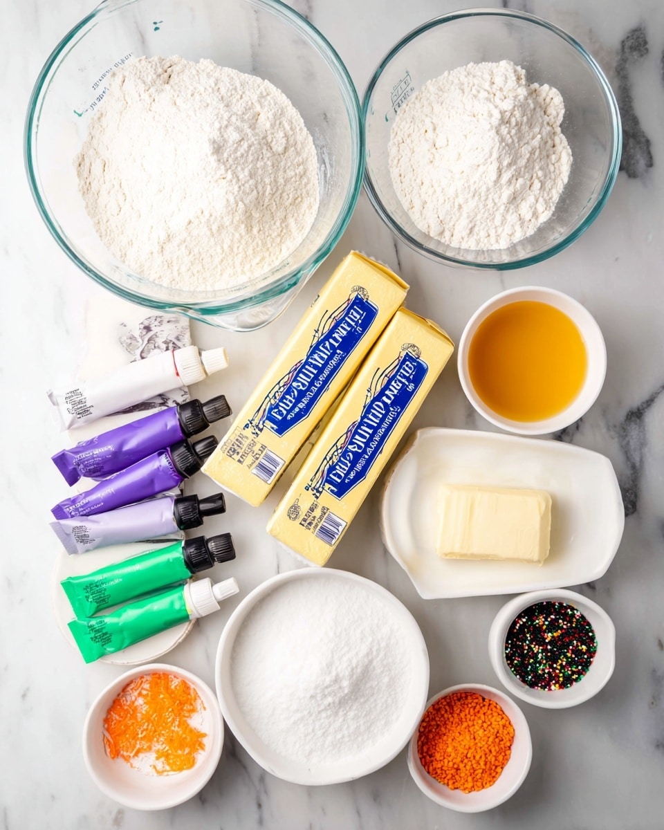 A collection of baking ingredients is arranged on a white marbled surface. There are two glass measuring cups with flour and powdered sugar, two sticks of butter with blue labels placed horizontally in the center, and several small white bowls containing cream, vanilla extract, baking powder, and small colorful sprinkles in orange, black, and white. Three small tubes of food coloring in purple, orange, and green are lined up on the left. The ingredients are neatly spread out and clearly visible, showing a mix of textures from smooth butter to powdery flour and sugar. The lighting is bright and even. photo taken with an iphone --ar 4:5 --v 7