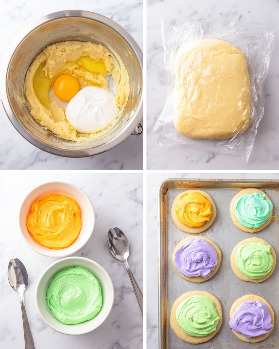 The image shows four scenes of cookie making on a white marbled background. The top left scene has a silver mixing bowl with pale yellow dough, one egg yolk, and a dollop of white cream. The top right scene shows the dough shaped into a flat, round square wrapped in clear plastic wrap. The bottom left has three white bowls filled with smooth frosting in three colors: bright orange, light green, and lavender, each with its own silver spoon. The bottom right scene shows six round cookies on a baking sheet, each topped with swirled frosting in the three colors, two cookies per color arranged in rows. photo taken with an iphone --ar 4:5 --v 7
