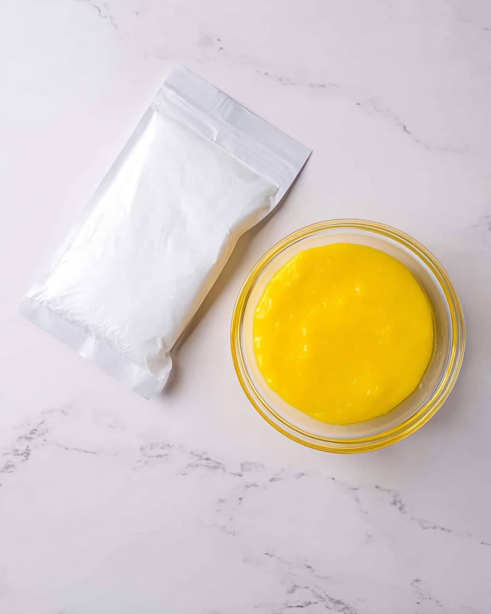 A clear round bowl sits on a white marbled surface, filled with a bright yellow, smooth, and slightly shiny substance with a soft texture that looks like a thick gel or jelly. Next to it lies a plain white sealed packet, flat and rectangular, with slightly crinkled edges. The scene is bright with soft light that highlights the bold yellow color against the clean white background and packet. photo taken with an iphone --ar 4:5 --v 7