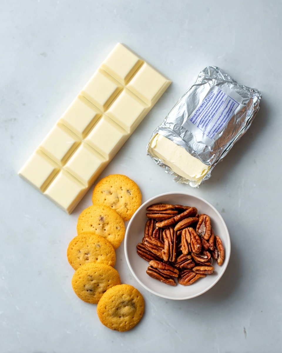 The image shows a white chocolate bar with 15 square sections placed on a white marbled surface at the top left side. To the right of the chocolate, there is a silver wrapped block of cream cheese with blue text, lying flat. Below both, a small white bowl filled with whole pecan nuts sits in the center. Surrounding the bowl, there are seven golden-yellow mini cookies evenly spread in a slight curve. photo taken with an iphone --ar 4:5 --v 7