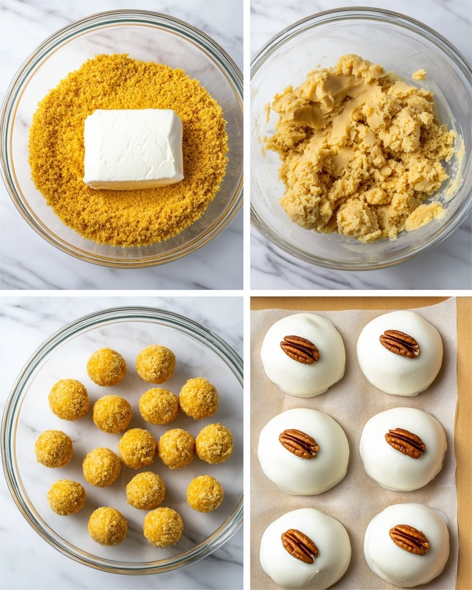 The image shows a four-step process of making a dessert. The first layer is a clear glass bowl with a base of yellow crumbs and a block of white soft cheese on top. The second layer is the same bowl but now mixed into a creamy yellow dough with a slightly crumbly texture. The third layer shows small round balls of the yellow dough arranged neatly on a baking paper with a white marbled surface below. The last layer shows the same balls now coated in smooth white icing and topped with a single brown pecan half on each piece, still on the baking paper. photo taken with an iphone --ar 4:5 --v 7