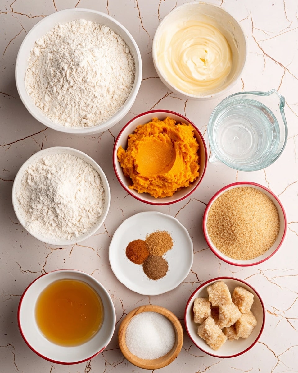 A top-down view of various baking ingredients placed neatly on a white marbled surface with cracks. There are eight containers: a large white bowl with flour on the top left; a white bowl with a creamy light beige mixture on the top right; a white bowl filled with bright orange pumpkin puree in the middle; a clear glass jug filled with water on the right side; a small white plate holding a mix of two brown spices on the left center; a small white bowl with bright golden honey below the spices; a white bowl with a red rim filled with light beige flour on the bottom left; a small wooden bowl with white salt below the honey; a small white bowl of light yellow butter on the bottom right; and a white bowl with a red rim holding clumps of light brown sugar on the middle right. All containers show textures like powder, creamy puree, liquid, and granules clearly. photo taken with an iphone --ar 4:5 --v 7
