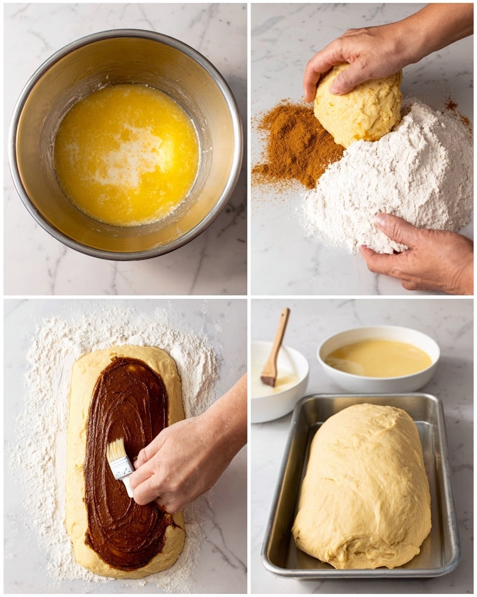 A collage of four photos shows the process of making dough. The first photo displays a silver mixing bowl with three layers: a bottom yellow liquid, a large mound of white flour on the right, and a smaller pile of brown spice on the left. The second photo shows a woman's hand lifting a sticky, smooth, light yellow dough from the bowl. The third photo captures a light yellow dough rolled flat on a white marbled surface, being spread with a thick dark brown layer, while a woman’s hand rolls it from the bottom edge. The fourth photo shows the dough rolled into a loaf shape inside a rectangular metal pan, with a woman’s hand using a brush to apply a light yellow liquid on top, next to a small white bowl holding the liquid. Photo taken with an iphone --ar 4:5 --v 7