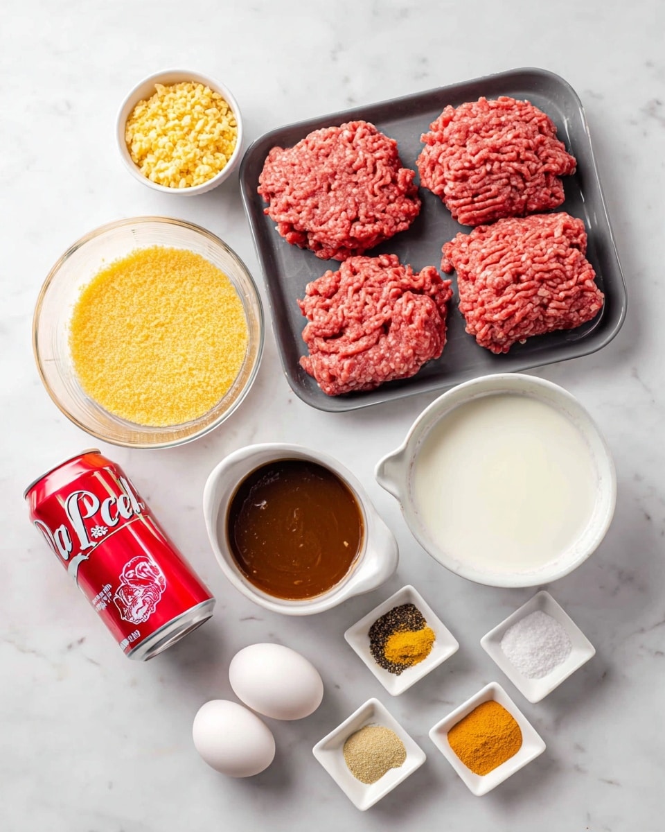 The image shows a collection of cooking ingredients arranged neatly on a white marbled surface. At the center back is a dark gray tray holding three portions of raw ground meat with a rough and moist texture in pinkish-red color. Surrounding this are small white bowls and containers holding various ingredients: at the top left is a small bowl of yellowish crumbled pieces; below it is a clear glass bowl filled with golden yellow breadcrumbs; next to that is a glass bowl full of white liquid, likely milk. To the right of the meat tray, there is a white ramekin with a glossy deep brown sauce and a smaller white dish holding a dark brown liquid. Below these, a red can of Dr Pepper is lying on its side. At the front, there are two white eggs, and three small white square and round dishes with powders and pastes, including a yellow mustard-colored paste, a light yellow minced or crushed ingredient, and a mix of spices including black pepper and an orange-yellow powder. The setup is bright and clean with strong even lighting. Photo taken with an iphone --ar 4:5 --v 7