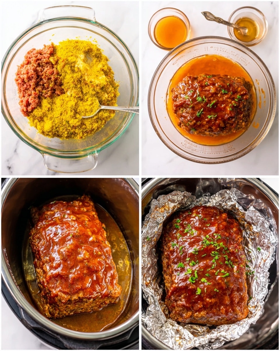 The image shows a step-by-step process of making a meatloaf. The first layer is raw ground meat mixed with yellow mustard and seasonings in a clear glass measuring cup on a white marbled surface, with a small bowl of sauce with a spoon beside it. The second layer shows the mixed meat with mustard blended in the same glass cup. The third layer reveals the meatloaf placed in a foil-lined slow cooker, covered with an orange-brown sauce layer. The final layer shows the fully cooked meatloaf in the slow cooker, coated with a shiny dark brown sauce and sprinkled with chopped green herbs on top. Photo taken with an iphone --ar 4:5 --v 7