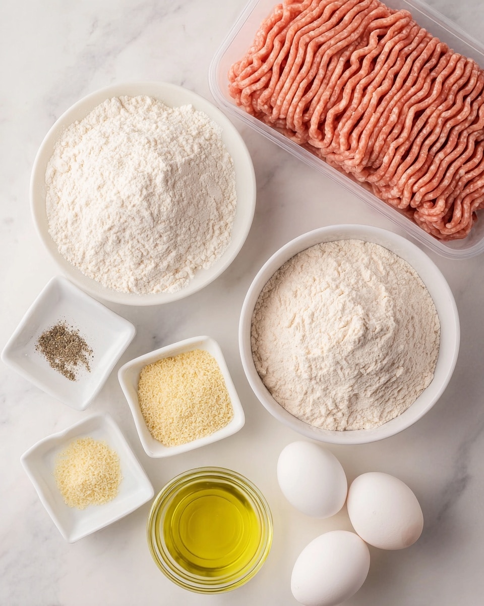 The image shows a white marbled surface with seven ingredients neatly arranged. In the top right corner, there is a rectangular package filled with pink ground meat with wavy texture lines. Below and slightly left of it, a white round bowl holds a mound of fine white flour. To the right of this bowl, another white round bowl contains a similar mound, but the texture appears slightly more powdery. At the bottom center, a small clear glass bowl is filled with light yellow oil. To the left of this bowl, a square white dish holds both salt and black pepper, while another square white dish underneath contains yellowish granules. Finally, in the bottom right corner, there are two smooth white eggs placed side by side. All items are placed closely together on the white marbled surface. photo taken with an iphone --ar 4:5 --v 7