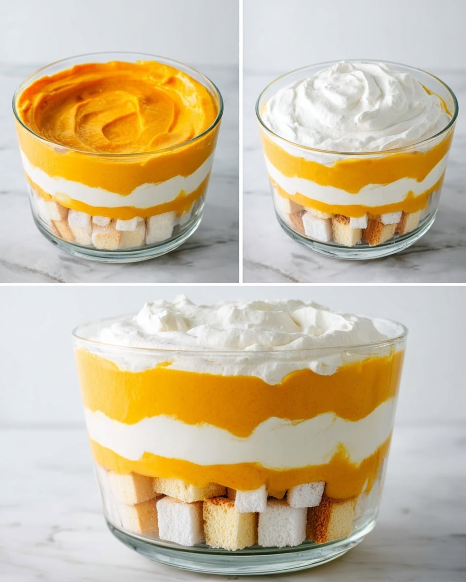The image shows a clear glass bowl with three visible layers of a dessert on a white marbled surface. The bottom layer is made of small white cake cubes with light brown edges, followed by a thick, smooth, bright orange layer spread evenly above the cake cubes. Next comes a thick white whipped cream layer, also spread smoothly and evenly. These layers repeat once more, making three layers in total: cake cubes at the bottom, then orange cream, then white whipped cream on top, creating a clean, colorful layered look. Photo taken with an iphone --ar 4:5 --v 7