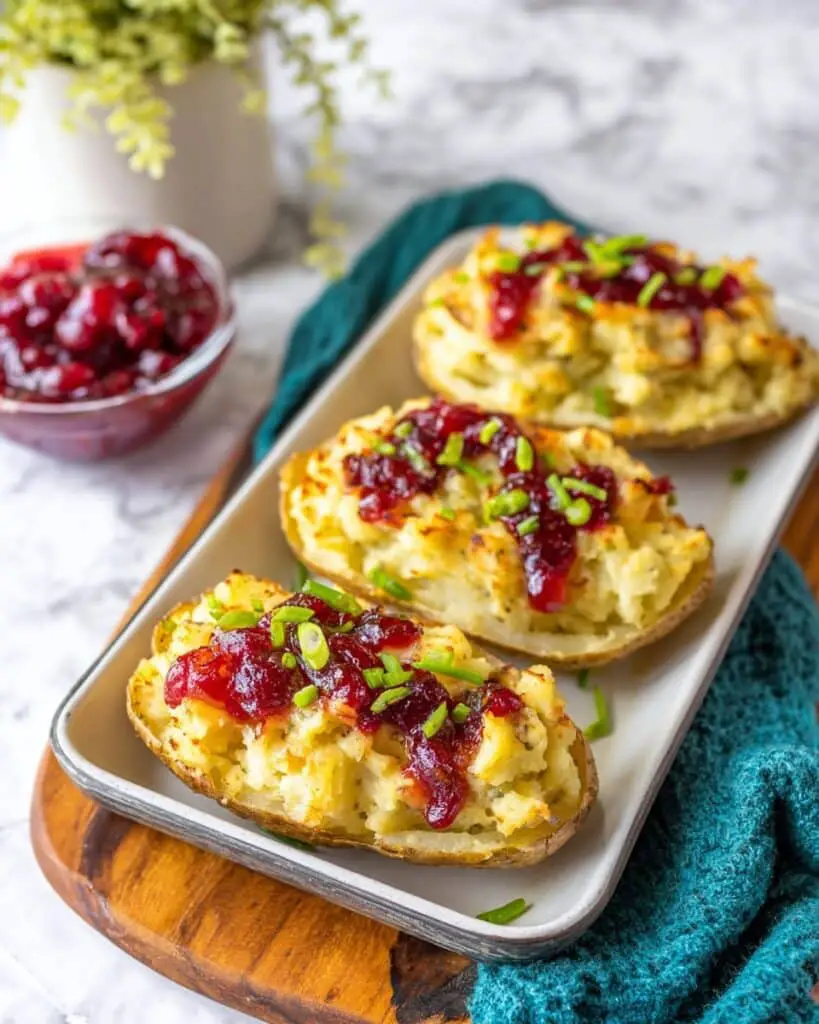 Cheesy Turkey and Stuffing Potato Skins with Cranberry Sauce Recipe
