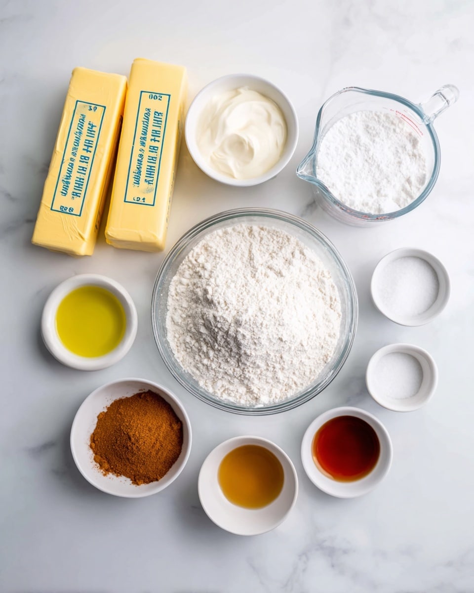 The image shows a bright white marbled surface with various baking ingredients neatly arranged. There are two sticks of yellow butter with blue text placed parallel on the top left. Next to them is a small white bowl filled with cream. To the right, there is a clear measuring cup filled with white powdered sugar. Below it is another clear measuring cup holding white flour. In the center is a round clear glass bowl filled with white granulated sugar. Surrounding these are several small white dishes: one with bright yellow oil, one filled with a light brown powder (likely cinnamon), one with amber-colored vanilla extract, and two empty small white bowls. The setup is clean and well-organized with a soft natural light. Photo taken with an iphone --ar 4:5 --v 7