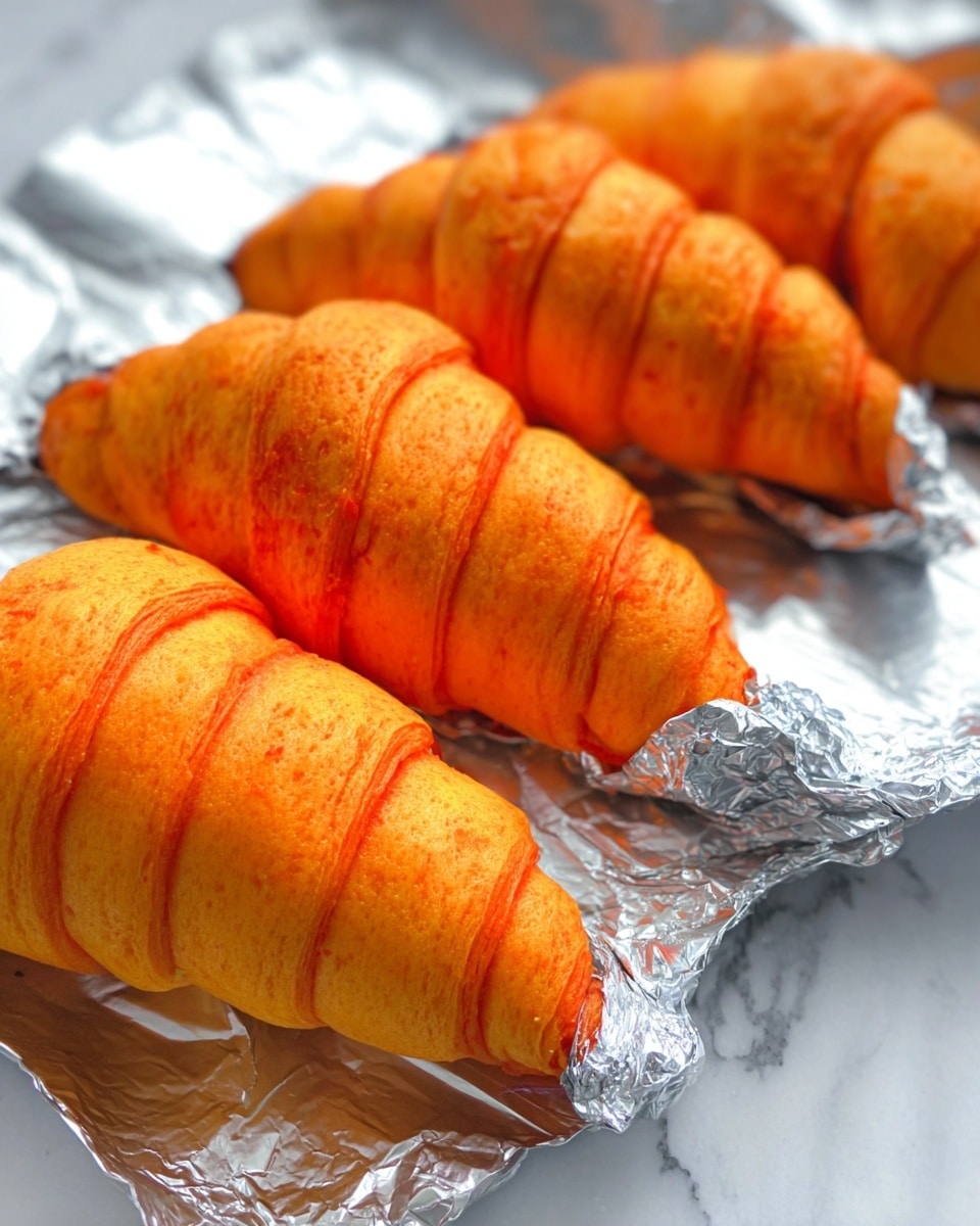 The image shows three orange, spiral-shaped dough pastries wrapped at the base with shiny silver foil, lying on a silver foil-covered flat surface. Each pastry has evenly spaced ridges that wrap around it from the bottom to the top, giving a layered look. The orange dough has a slightly rough texture, with light browning visible on some parts, indicating baking. The silver foil covers the bottom part of each pastry, and the background is a white marbled texture. photo taken with an iphone --ar 4:5 --v 7